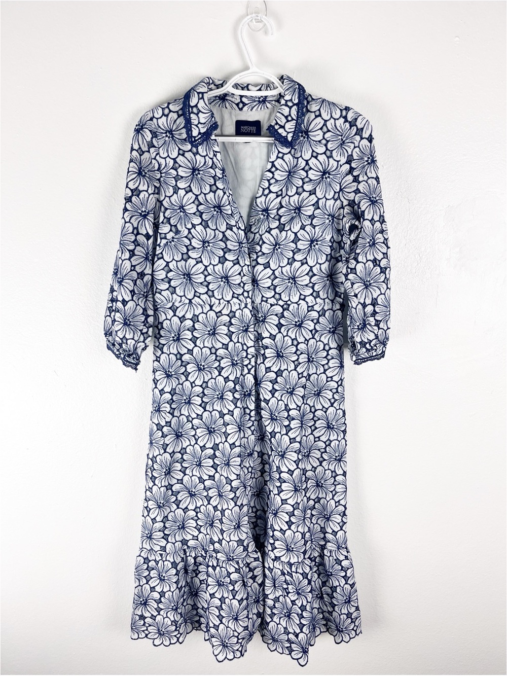 MARCHESA NOTTE Blue White Flora Long Sleeves Lined Button Front Dress Size 6